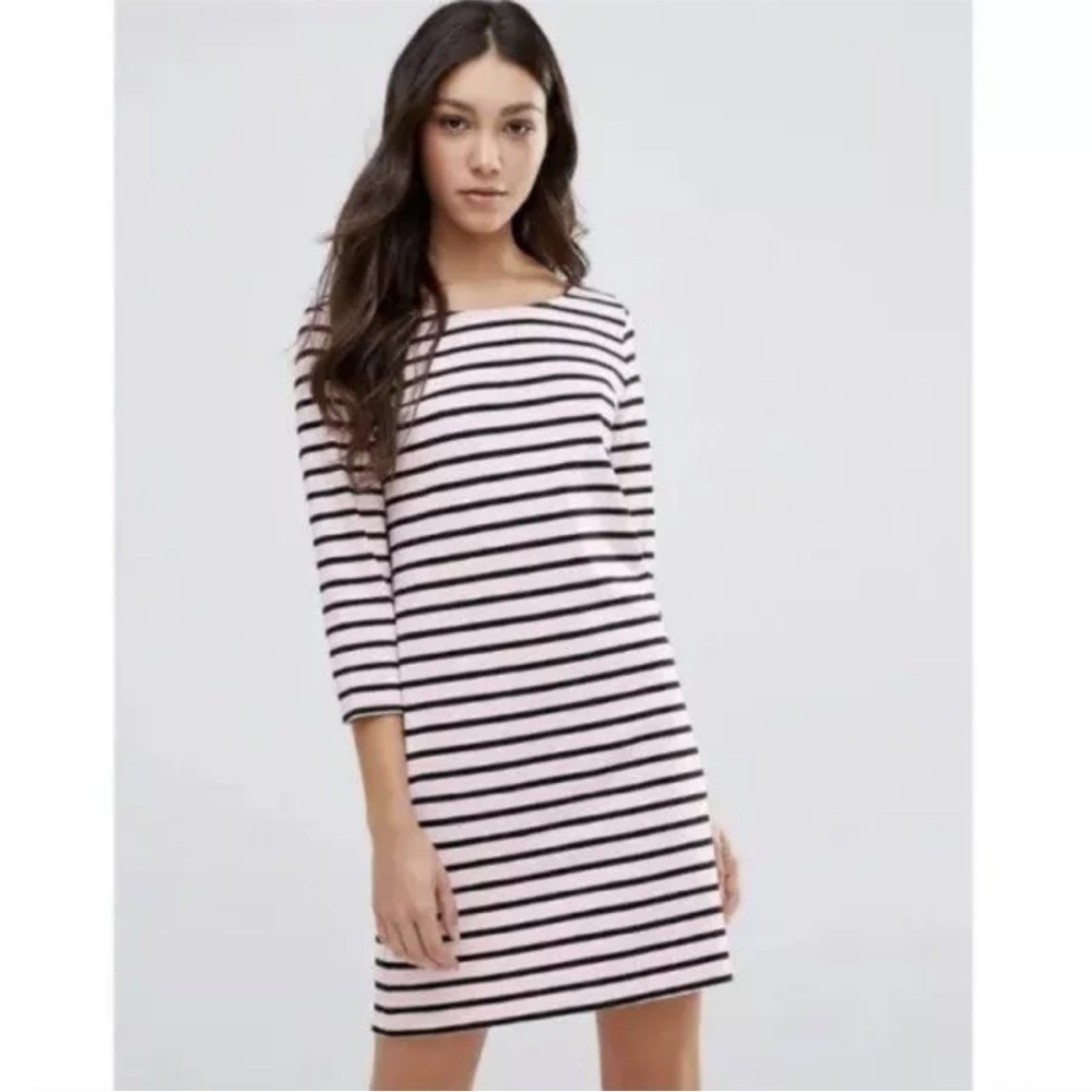 Ganni Old Spice Jersey Stripe Dress 3/4 Sleeve Off White Navy Size Medium NWOT